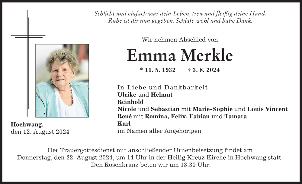 Traueranzeige von Emma Merkle von Günzburger Zeitung