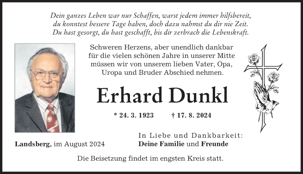 Traueranzeige von Erhard Dunkl von Landsberger Tagblatt