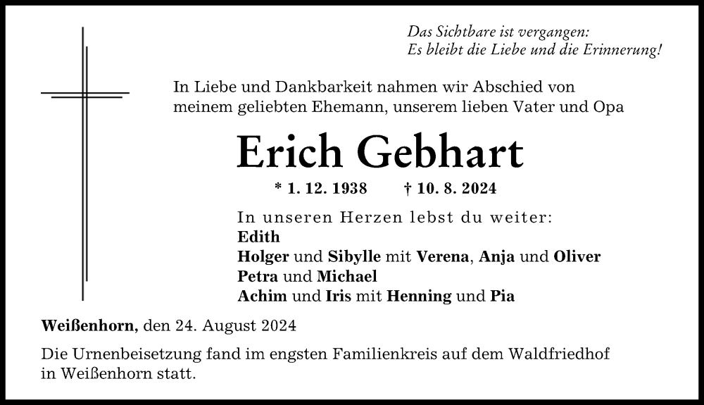 Traueranzeige von Erich Gebhart von Neu-Ulmer Zeitung