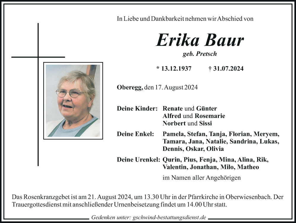 Traueranzeige von Erika Baur von Mittelschwäbische Nachrichten