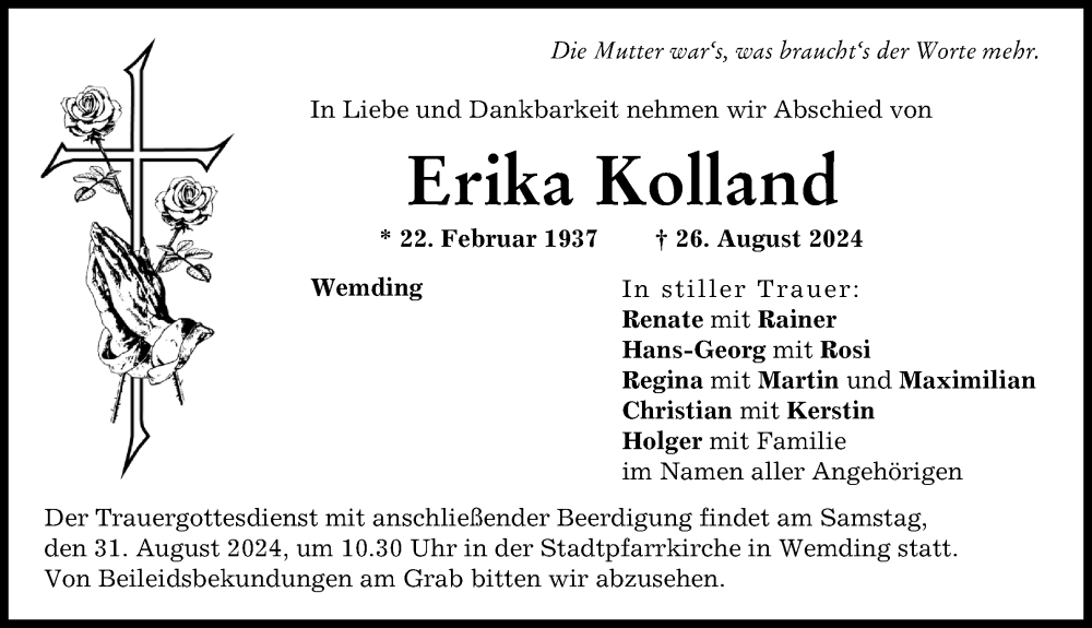 Traueranzeige von Erika Kolland von Donauwörther Zeitung