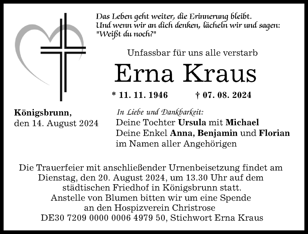 Traueranzeige von Erna Kraus von Schwabmünchner Allgemeine