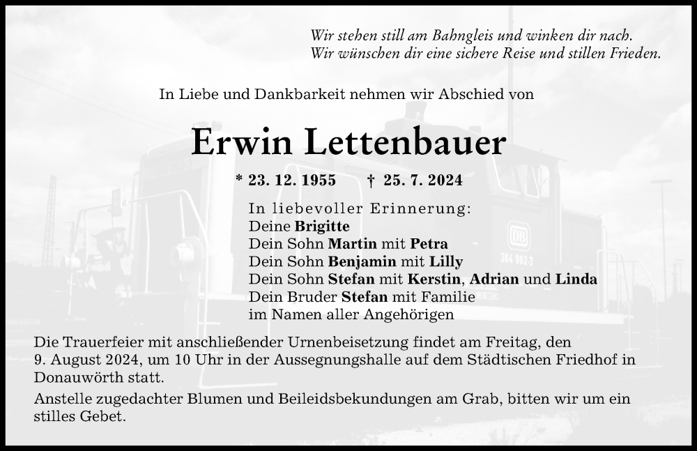 Traueranzeige von Erwin Lettenbauer von Donauwörther Zeitung