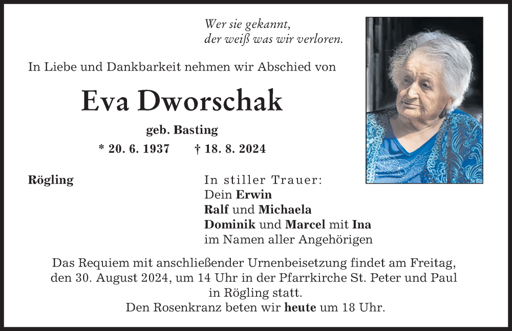 Traueranzeige von Eva Dworschak von Donauwörther Zeitung