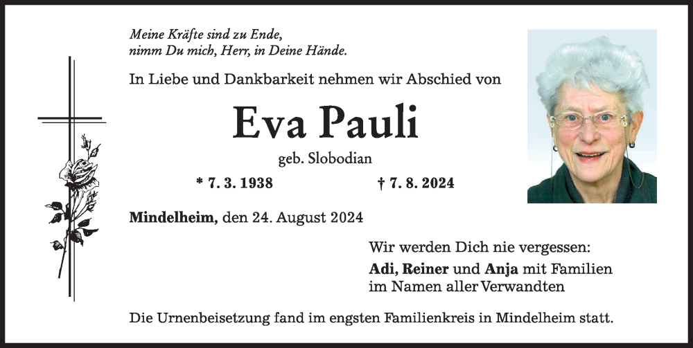 Traueranzeige von Eva Pauli von Mindelheimer Zeitung