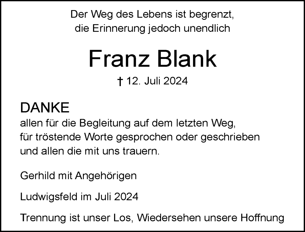 Traueranzeige von Franz Blank von Augsburger Allgemeine, Neu-Ulmer Zeitung