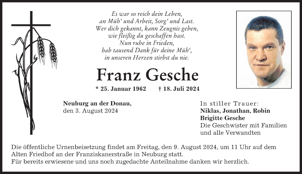  Traueranzeige für Franz Gesche vom 03.08.2024 aus Neuburger Rundschau