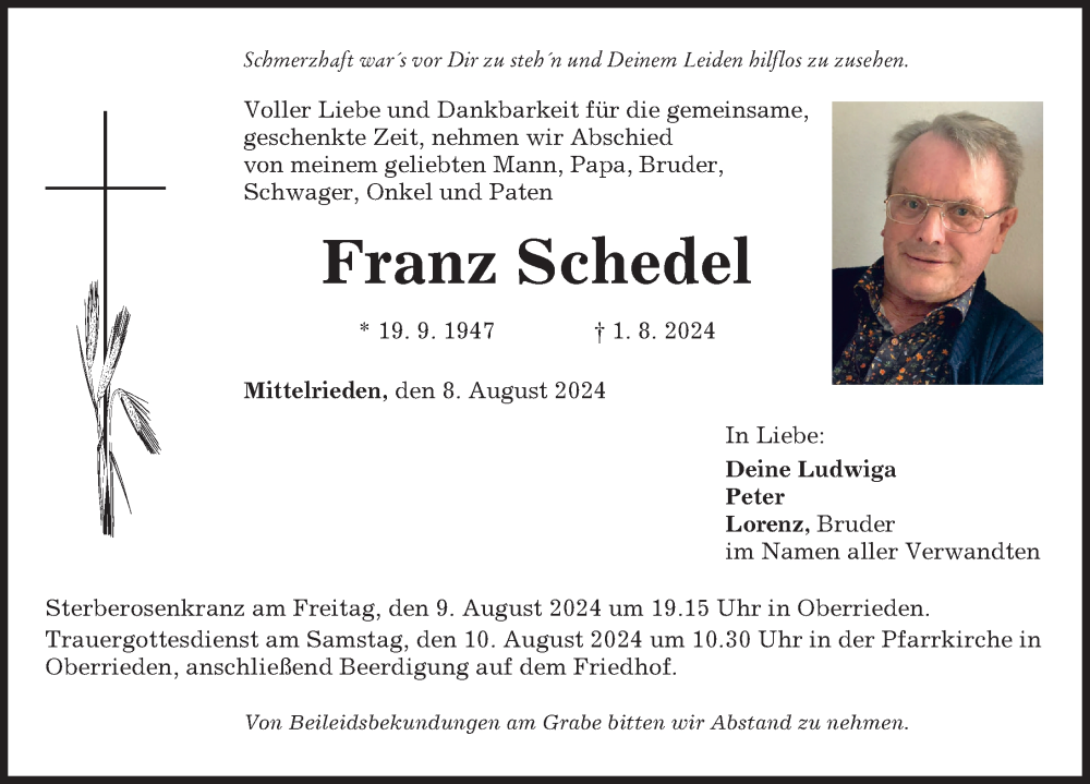 Traueranzeige von Franz Schedel von Mindelheimer Zeitung