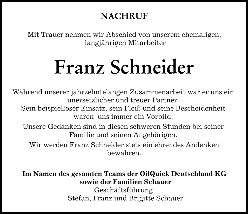 Traueranzeige von Franz Schneider von Schwabmünchner Allgemeine, Landsberger Tagblatt