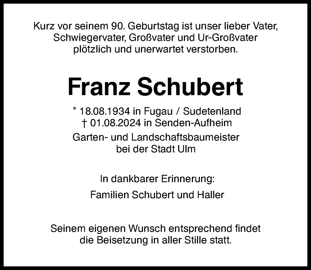 Traueranzeige von Franz Schubert von Augsburger Allgemeine, Neu-Ulmer Zeitung