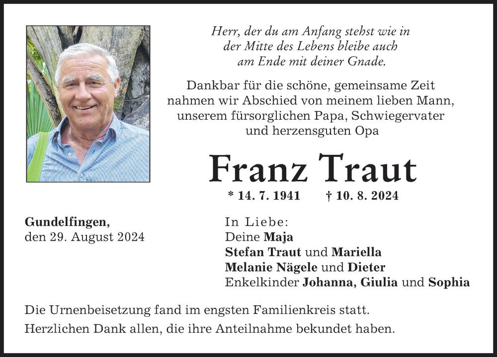 Traueranzeige von Franz Traut von Donau Zeitung