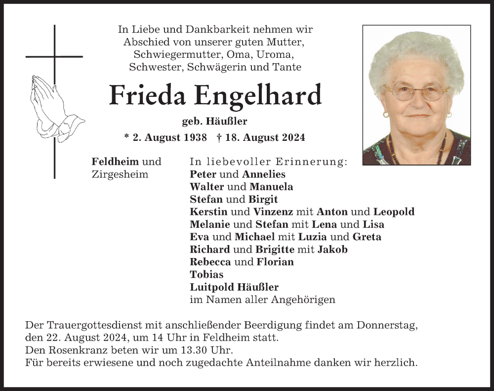 Traueranzeige von Frieda Engelhard von Donauwörther Zeitung