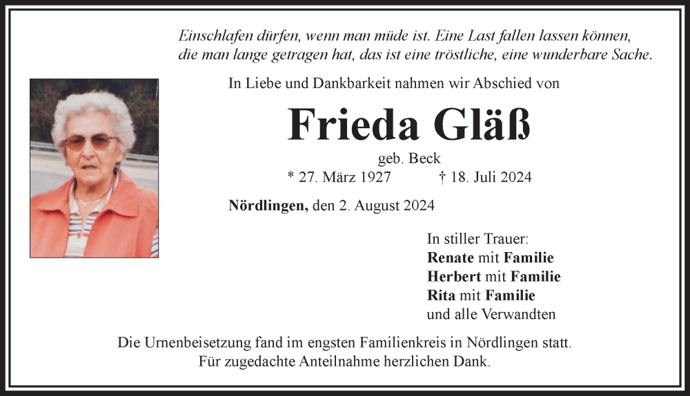 Traueranzeige von Frieda Gläß von Rieser Nachrichten