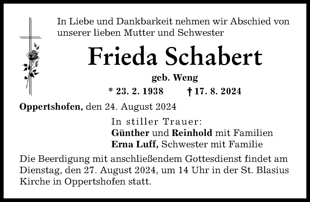 Traueranzeige von Frieda Schabert von Rieser Nachrichten