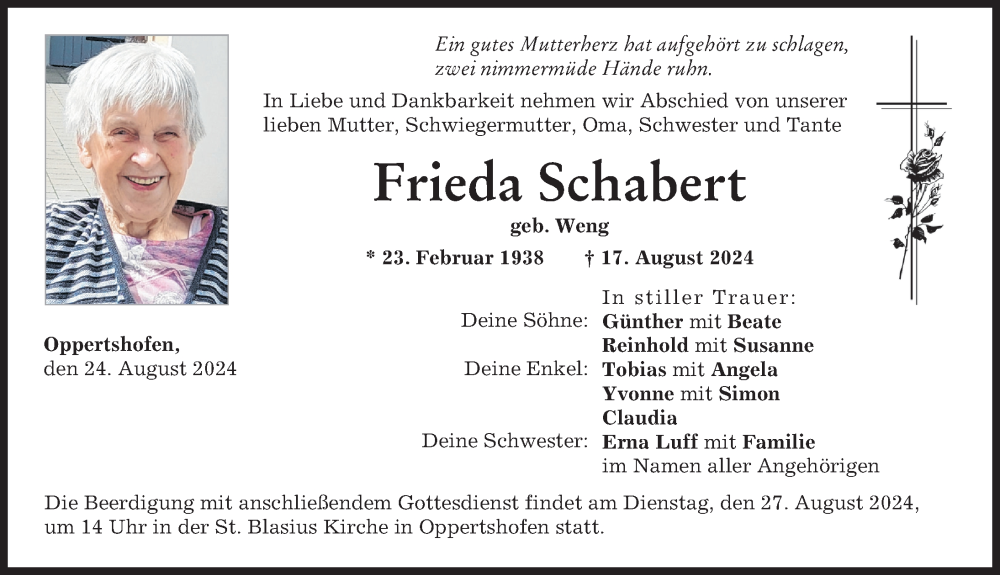 Traueranzeige von Frieda Schabert von Donauwörther Zeitung