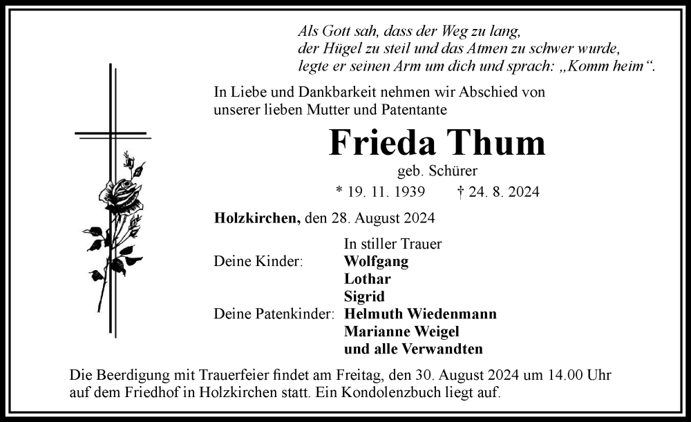 Traueranzeige von Frieda Thum von Rieser Nachrichten