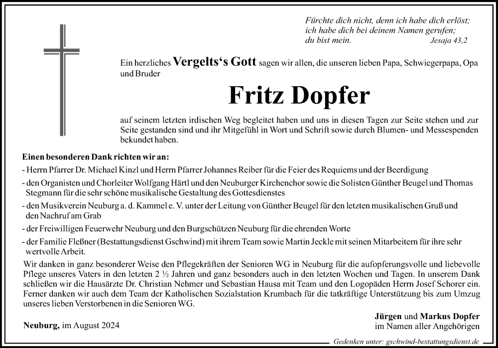 Traueranzeige von Fritz Dopfer von Mittelschwäbische Nachrichten