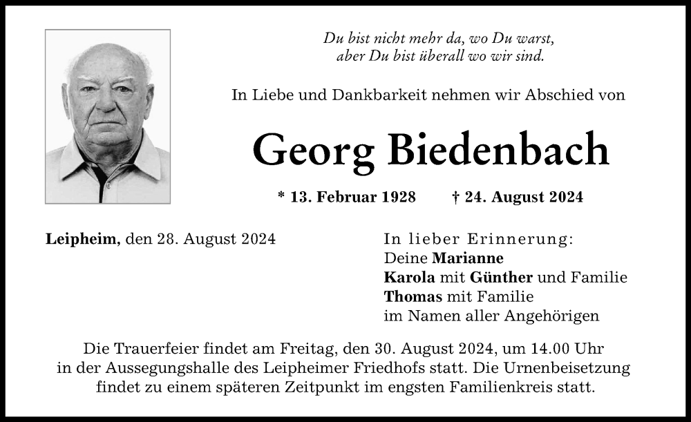 Traueranzeige von Georg Biedenbach von Günzburger Zeitung