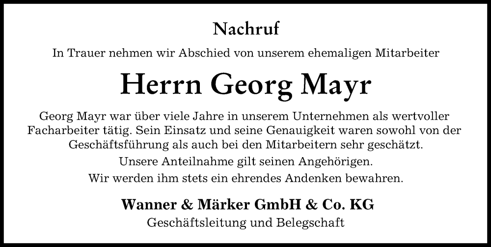 Traueranzeige von Georg Mayr von Donauwörther Zeitung