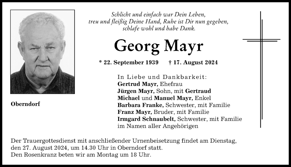 Traueranzeige von Georg Mayr von Donauwörther Zeitung