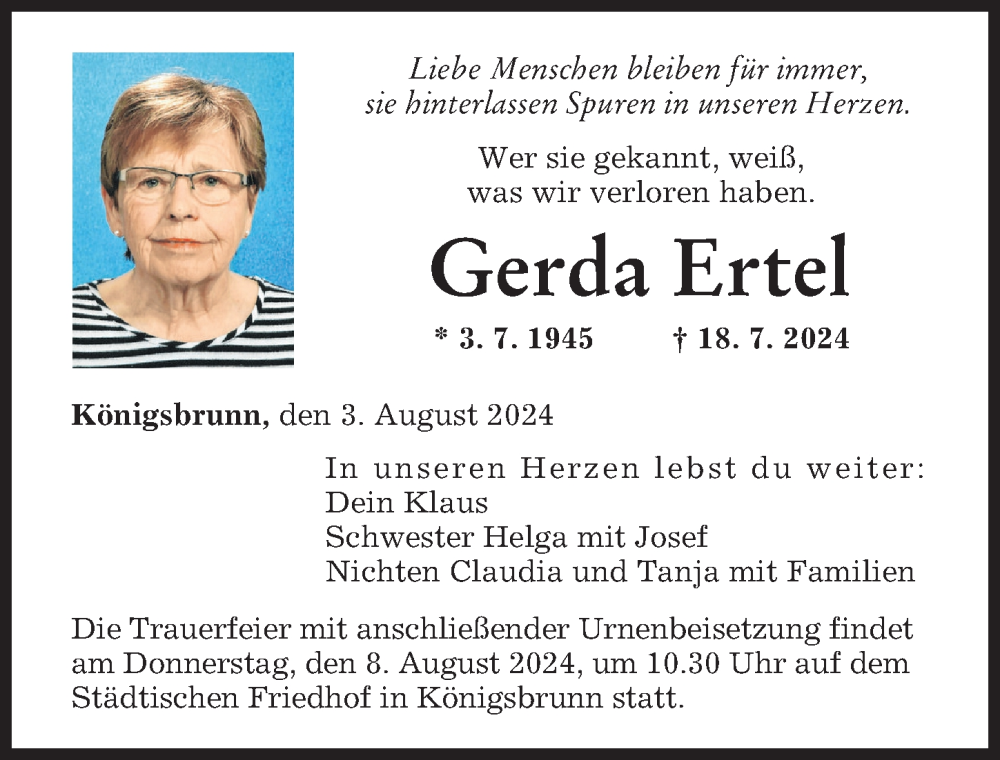 Traueranzeige von Gerda Ertel von Augsburger Allgemeine