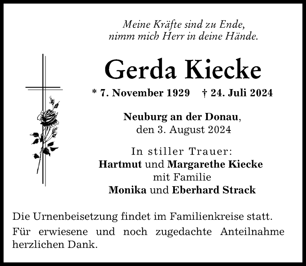 Traueranzeige von Gerda Kiecke von Neuburger Rundschau