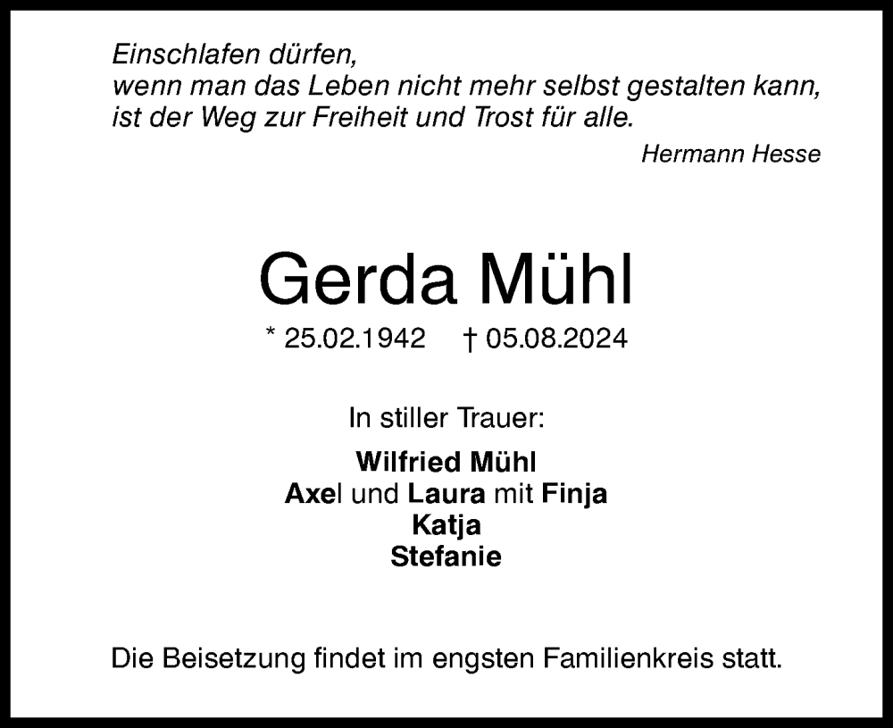 Traueranzeige von Gerda Mühl von Augsburger Allgemeine, Neu-Ulmer Zeitung