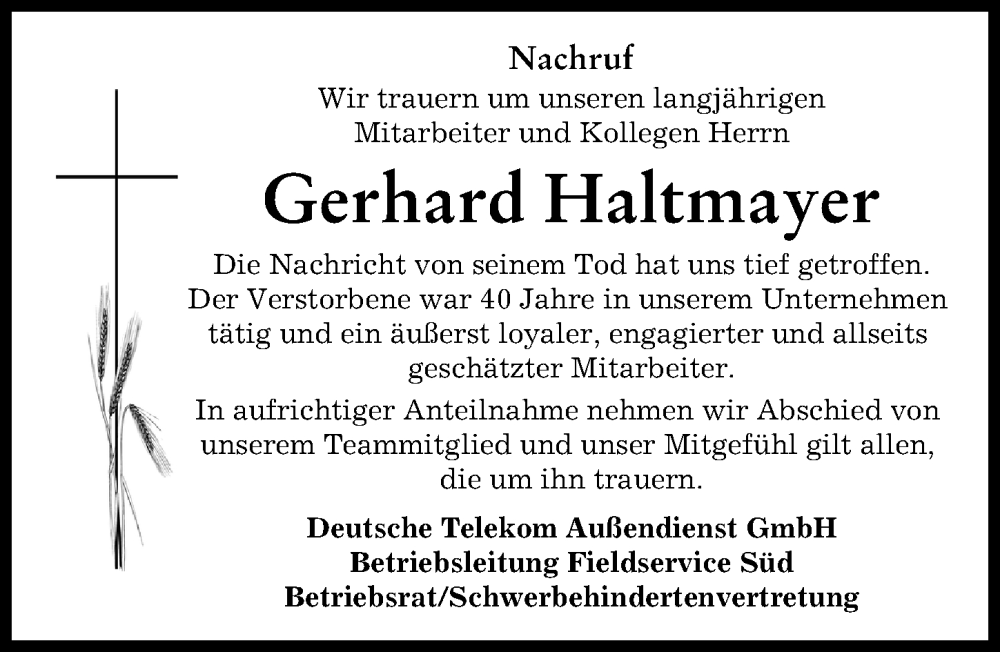 Traueranzeige von Gerhard Haltmayer von Günzburger Zeitung