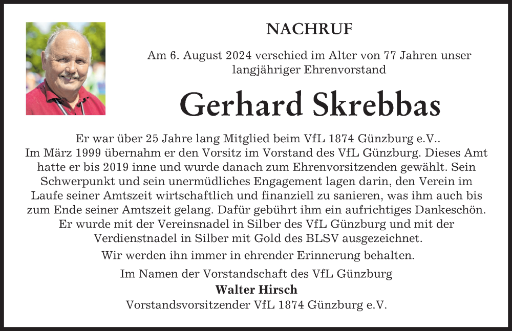 Traueranzeige von Gerhard Skrebbas von Günzburger Zeitung