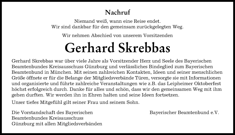 Traueranzeige von Gerhard Skrebbas von Günzburger Zeitung