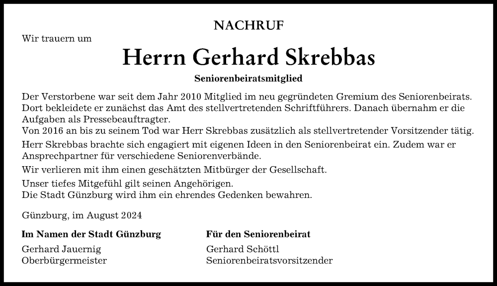 Traueranzeige von Gerhard Skrebbas von Günzburger Zeitung