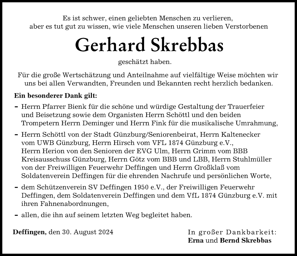 Traueranzeige von Gerhard Skrebbas von Günzburger Zeitung