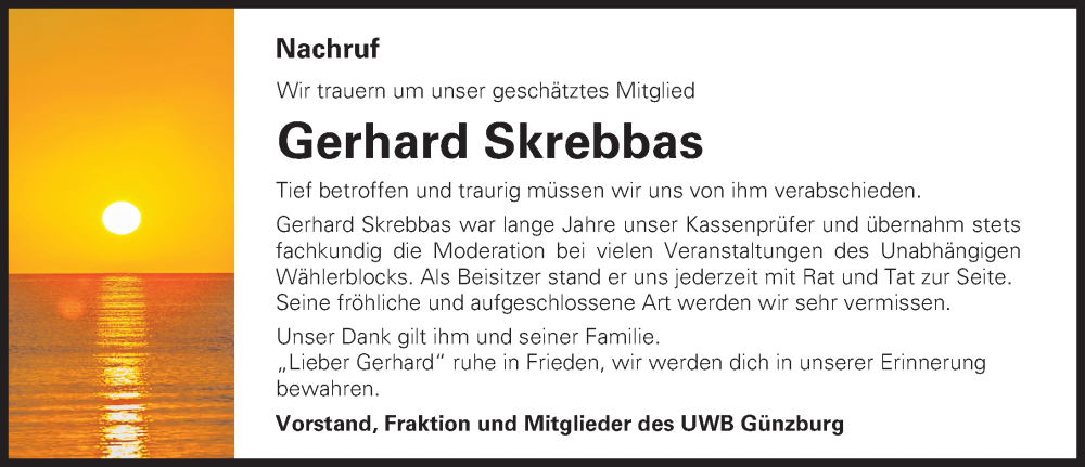 Traueranzeige von Gerhard Skrebbas von Günzburger Zeitung