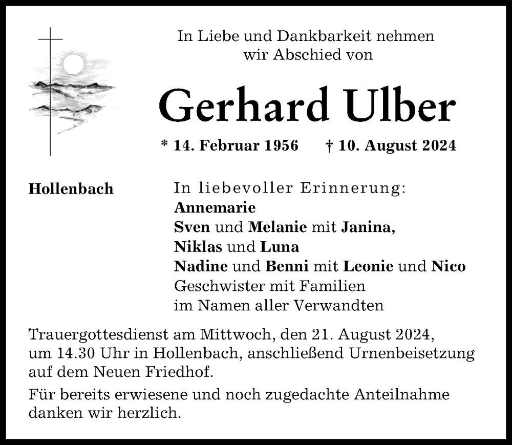 Traueranzeige von Gerhard Ulber von Aichacher Nachrichten