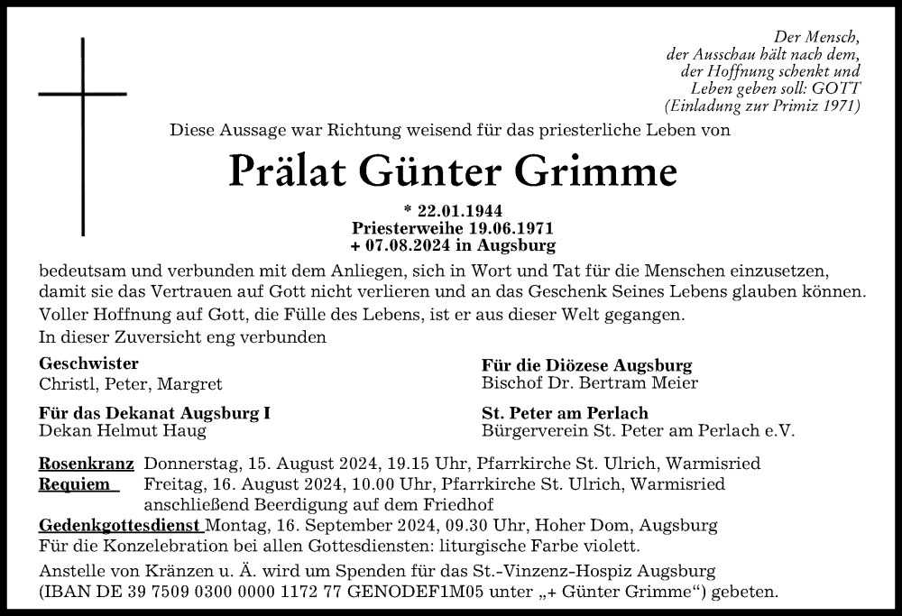 Traueranzeige von Günter Grimme von Augsburger Allgemeine