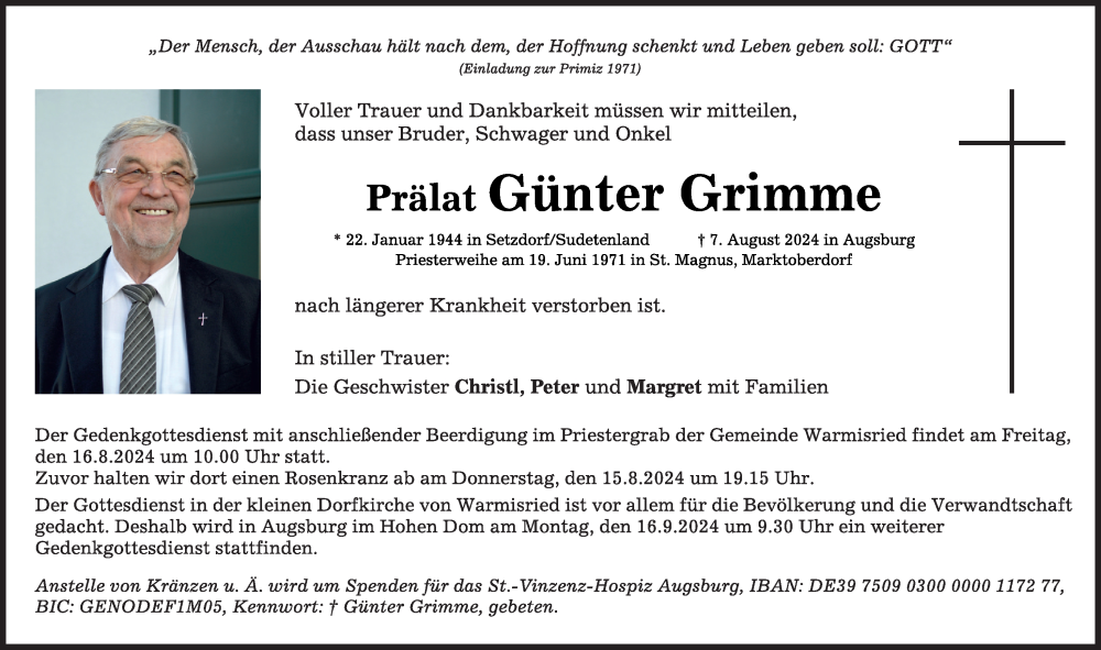 Traueranzeige von Günter Grimme von Augsburger Allgemeine