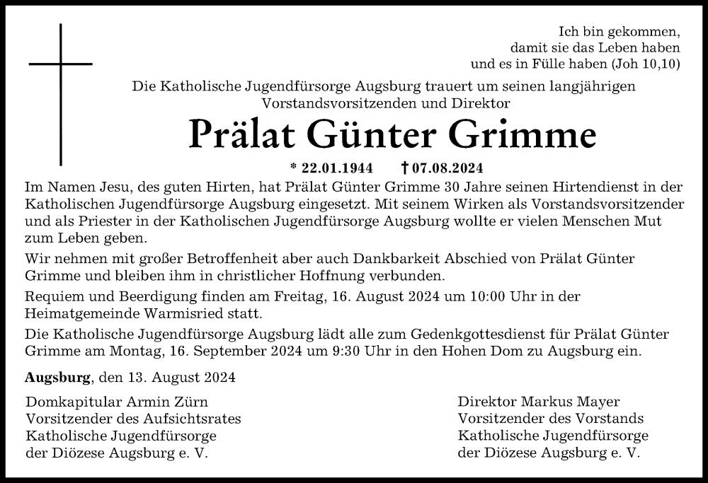 Traueranzeige von Günter Grimme von Augsburger Allgemeine