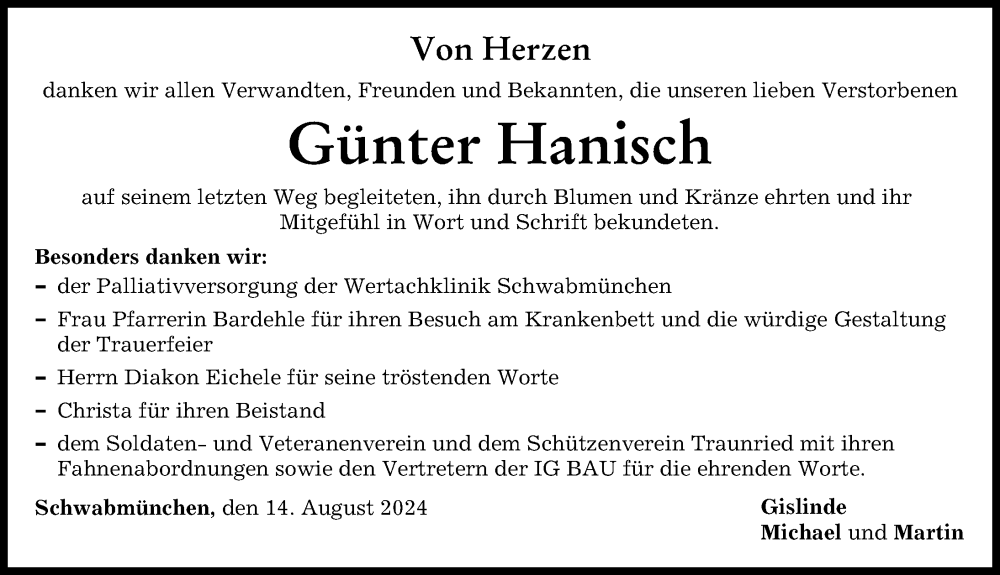 Traueranzeige von Günter Hanisch von Schwabmünchner Allgemeine