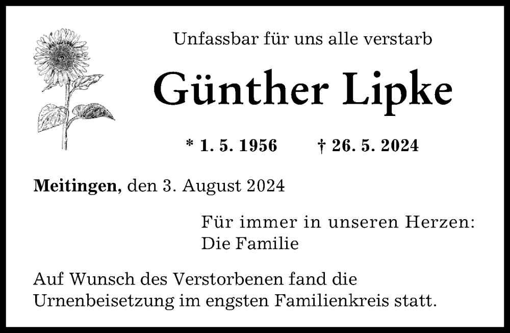 Traueranzeige von Günther Lipke von Augsburger Allgemeine