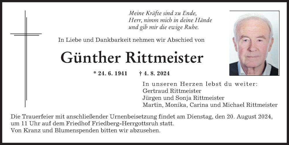 Traueranzeige von Günther Rittmeister von Augsburger Allgemeine