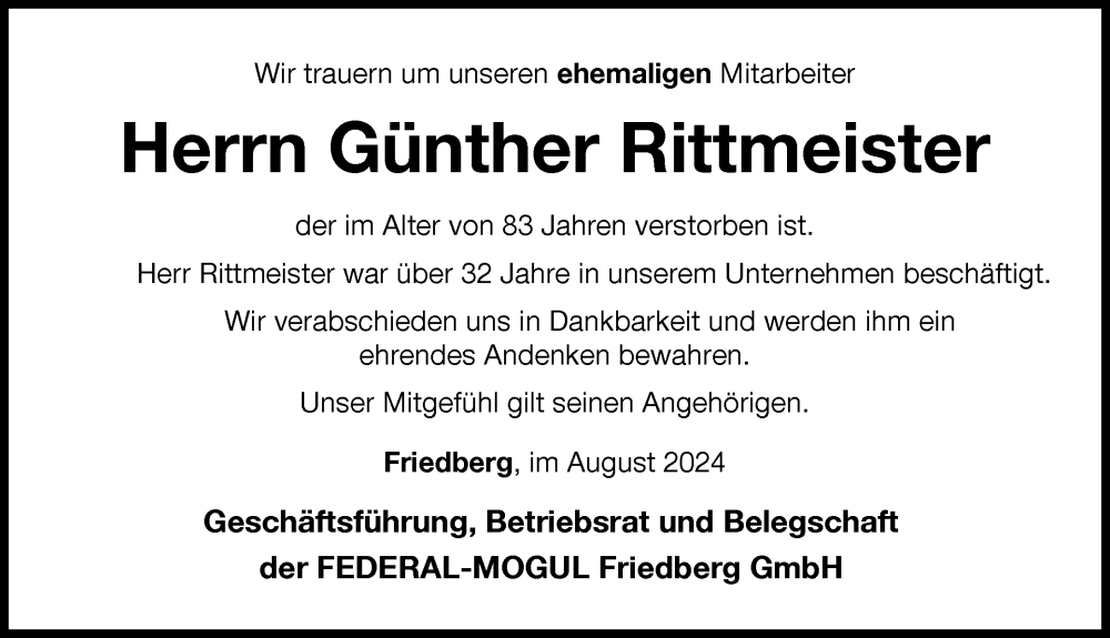 Traueranzeige von Günther Rittmeister von Friedberger Allgemeine