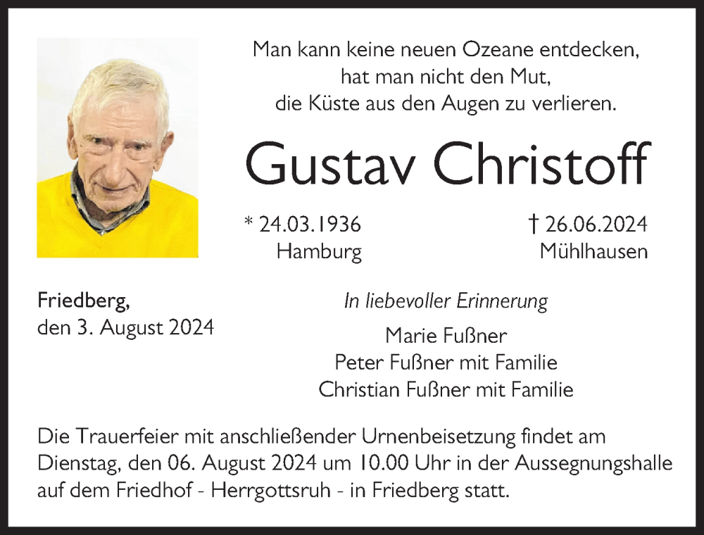 Traueranzeige von Gustav Christoff von Friedberger Allgemeine