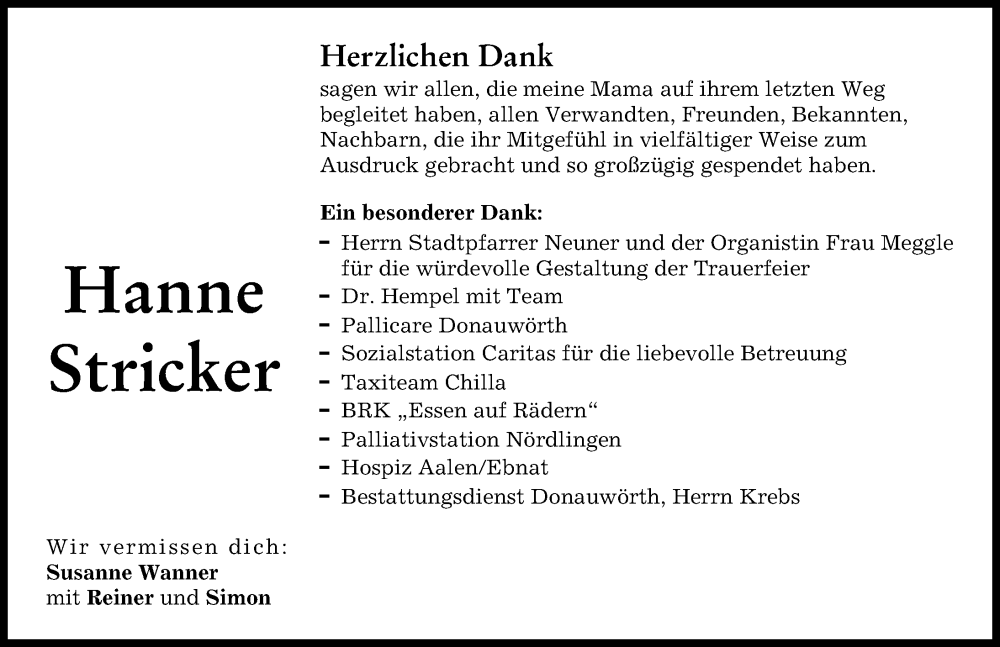 Traueranzeige von Hanne Stricker von Donauwörther Zeitung