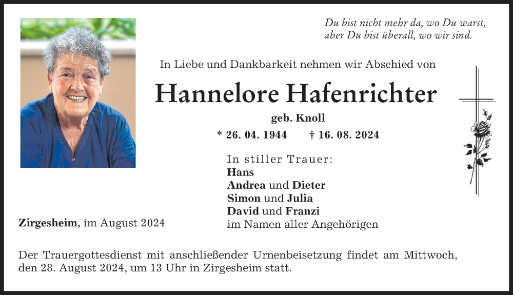 Traueranzeige von Hannelore Hafenrichter von Donauwörther Zeitung