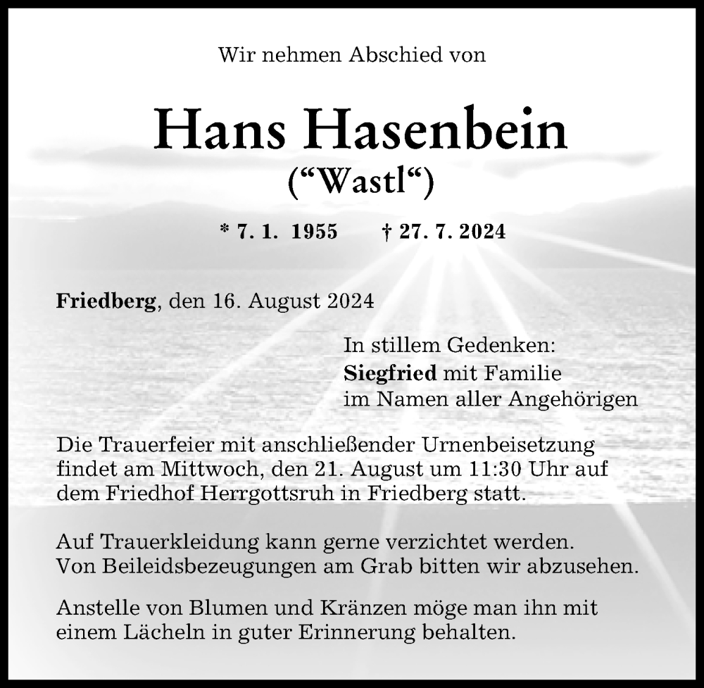 Traueranzeige von Hans Hasenbein von Friedberger Allgemeine