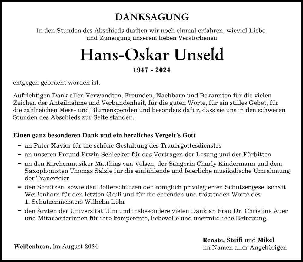 Traueranzeige von Hans-Oskar Unseld von Neu-Ulmer Zeitung