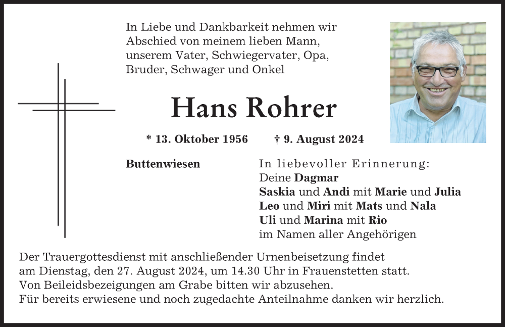 Traueranzeige von Hans Rohrer von Donauwörther Zeitung, Wertinger Zeitung