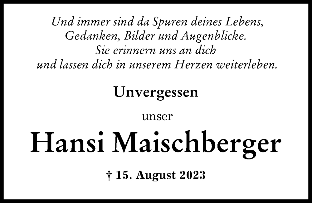 Traueranzeige von Hansi Maischberger von Augsburger Allgemeine