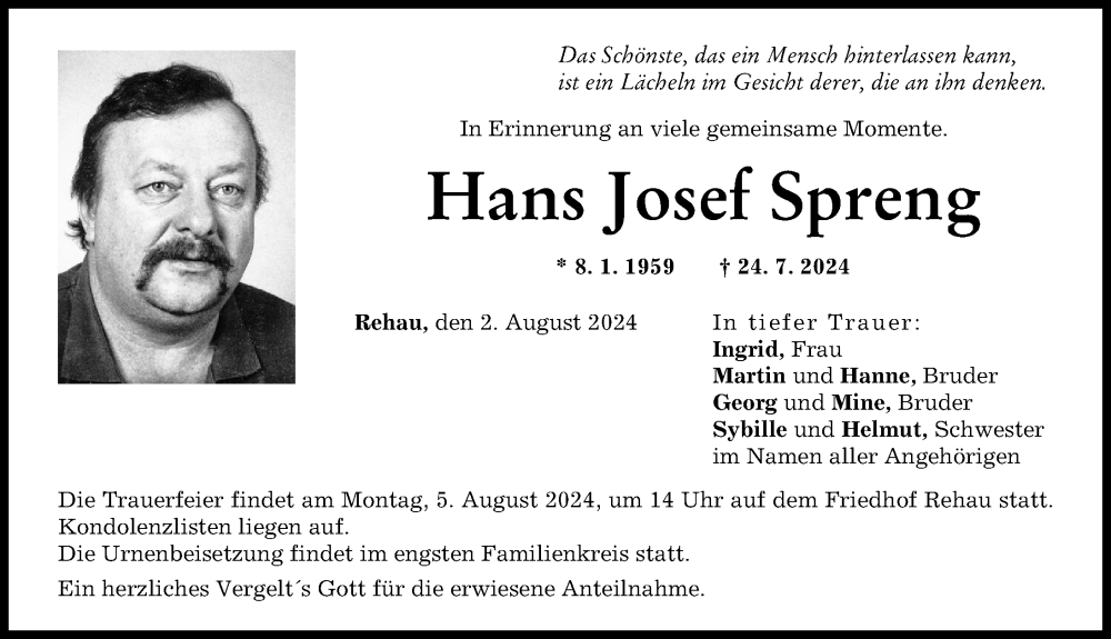 Traueranzeige von Hans Josef Spreng von Donauwörther Zeitung