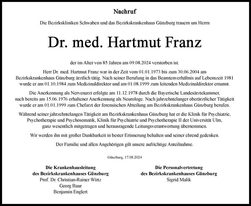 Traueranzeige von Hartmut Franz von Günzburger Zeitung